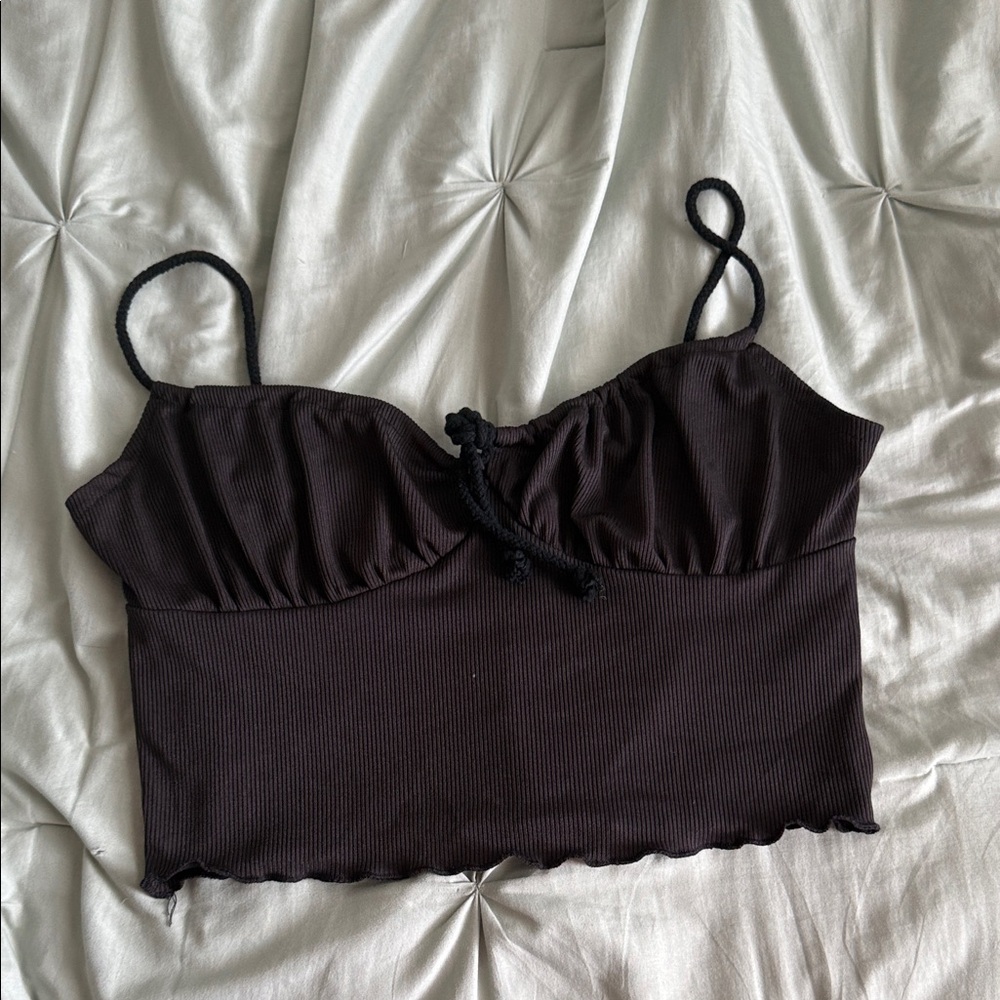 SHEIN Black Ribbed Sweetheart Tie-Front Crop Top